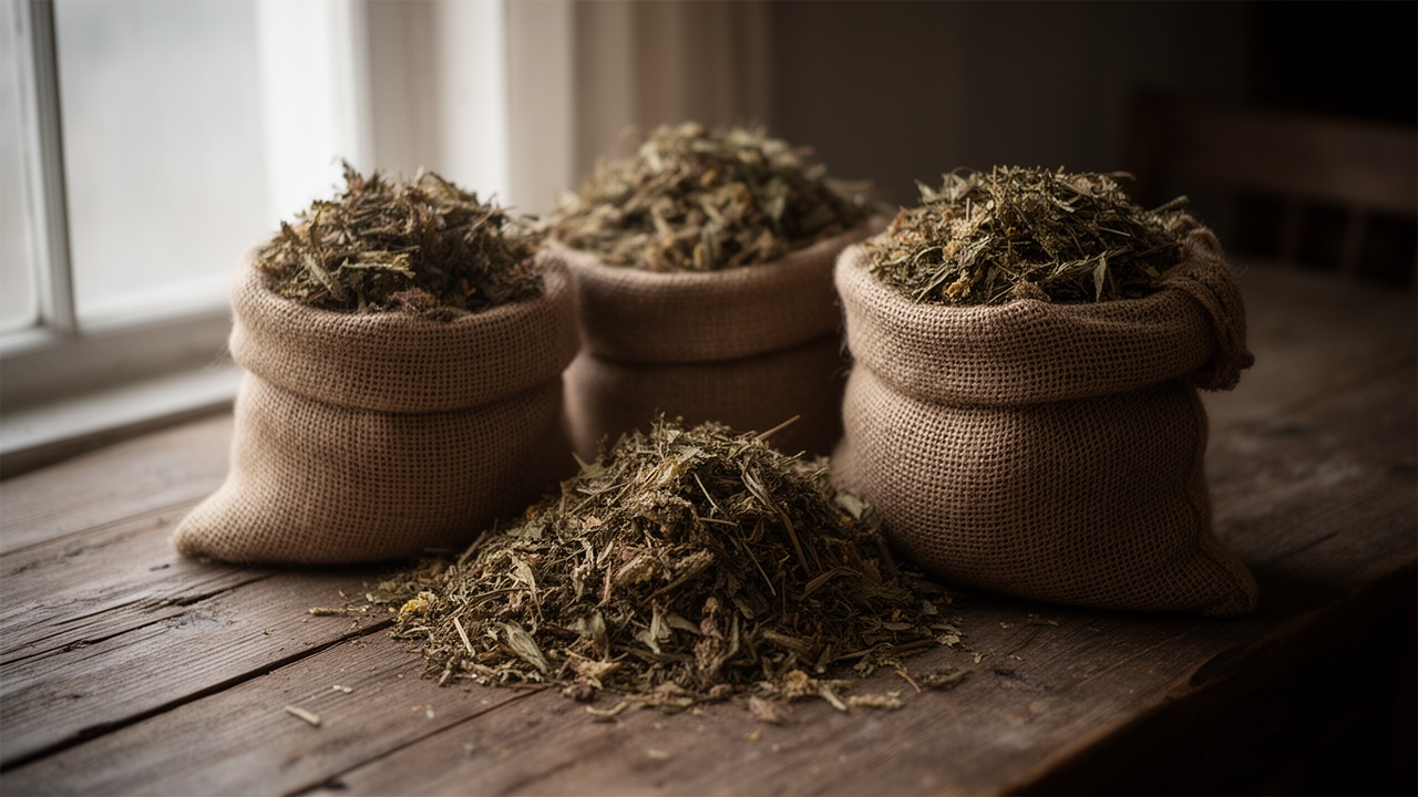 Plante medicinale uscate în săculeți de pânză, pe o masă de lemn